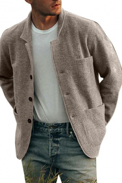 Men's Simple Jacket Solid Color Chest Pocket Button Closure Long Sleeve Spread Collar Relaxed Jacket