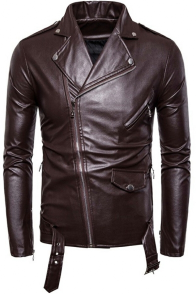 Men's Stylish PU Jacket Plain Epaulette Decorated Chest Pocket Lapel Collar Long Sleeve Zip-up Slim Leather Jacket