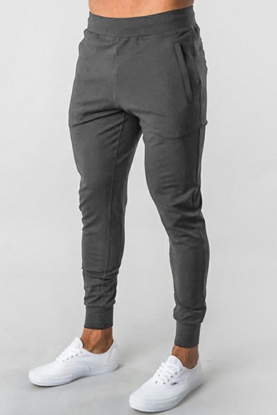 Men Sportive Pants Solid Color Drawstring Waist Slim Fitted Full Length Jogger Pants