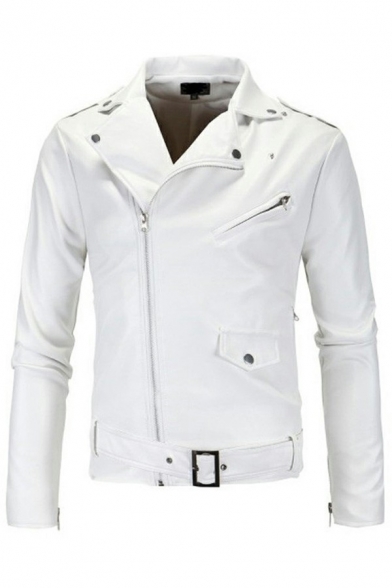Men Street Style Leather Jacket Plain PU Zip-Fly Flap Pocket Lapel Collar Regular Fitted Leather Jacket