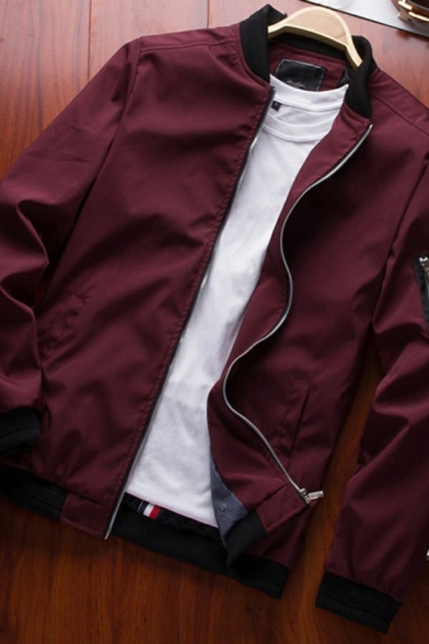 Men Trendy Bomber Jacket Solid Color Stand Collar Front Pocket Zip-Fly Slim Fitted Bomber Jacket