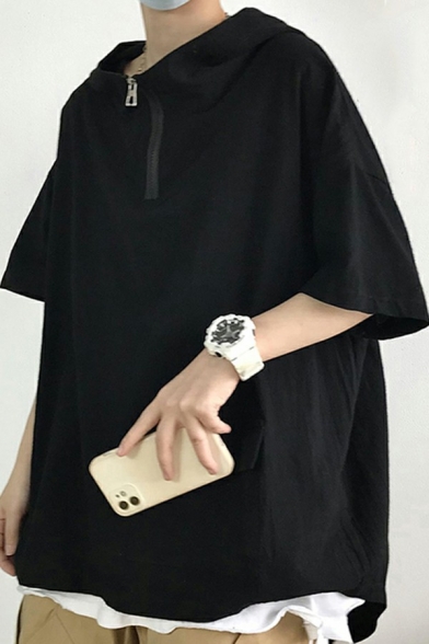 Mens Fashionable Hoodie Solid Color Zip Neck Half Sleeve Loose Fit Hooded Sweatshirt