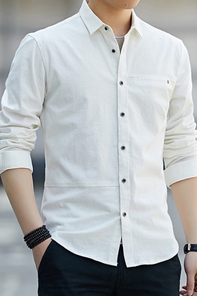 Modern Shirt Pure Color Button Closure Long-Sleeved Point Collar Slim Fitted Shirt