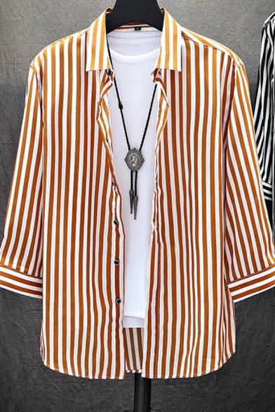 Modern Shirt Stripe Printed Button up Turn-down Collar 3/4 Sleeves Regular Fitted Shirt for Men