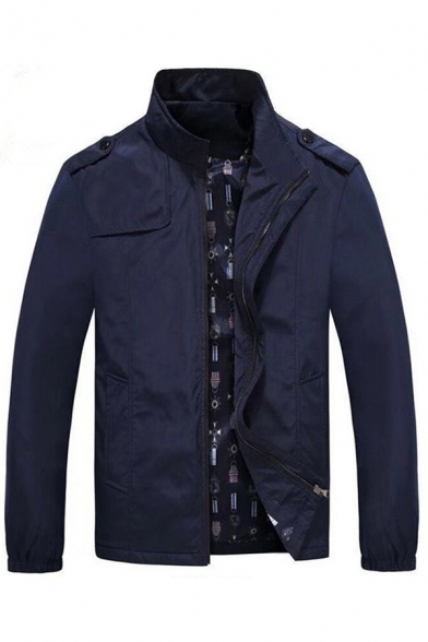 Modern Trench Coat Plain Zip-Fly Long-Sleeved Stand Collar Regular Trench Coat for Men