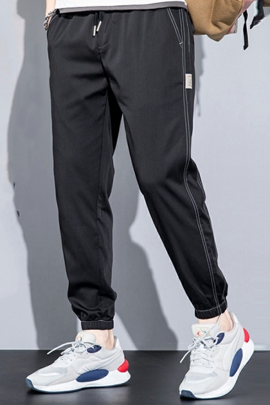 Popular Pants Top-stitching Detail Pure Color Mid Rise Elastic Waist Fitted Cargo Pants for Men