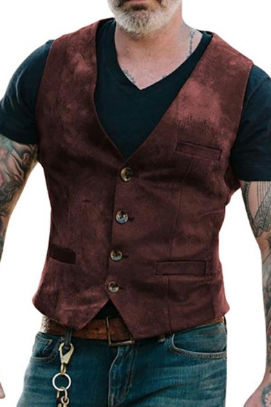 Retro Coffee Vest Faded Wash V-neck Button Closure Single Breasted Slim Fit Vest for Men