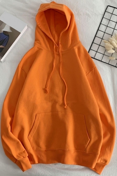 Simple Drawstring Hoodie Solid Color Long Sleeve Kangaroo Pocket Loose Fit Hoodie for Men