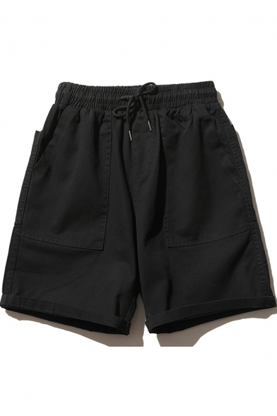 Simple Men's Shorts Solid Color Large Pocket Drawstring Rise Loose Fit Cargo Shorts