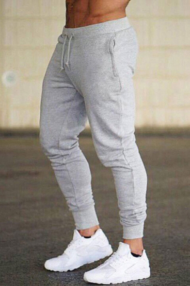 Simple Mens Sweatpants Solid Color Drawstring Waist Ankle Length Fit Sweatpants