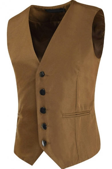 Simple Plain Vest Single Breasted V-Neck Sleeveless Buckle Back Slim Fit Vest for Men