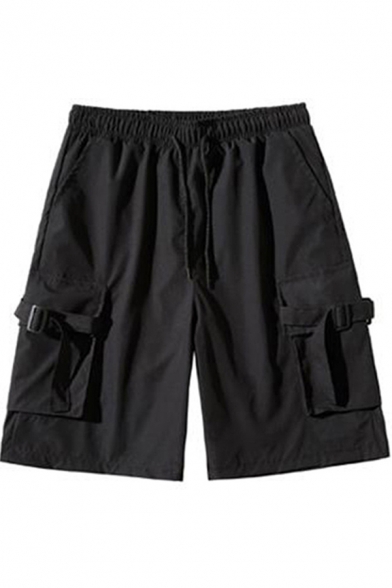 Street Style Boys Shorts Flap Pockets Drawstring Rise Solid Color Straight Cargo Shorts