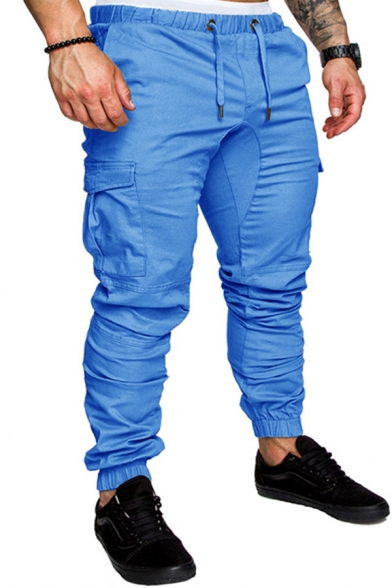 Stylish Cargo Sweatpants Plain Side Pockets Drawstring Waist Full Length Fitted Pants for Men