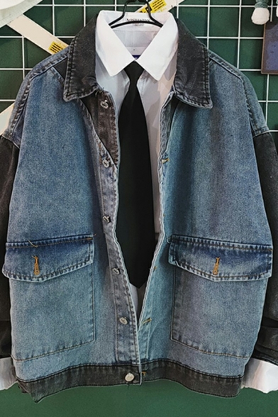 Stylish Jacket Patchwork Color Block Long-Sleeved Lapel Button Closure Regular Denim Jacket for Men