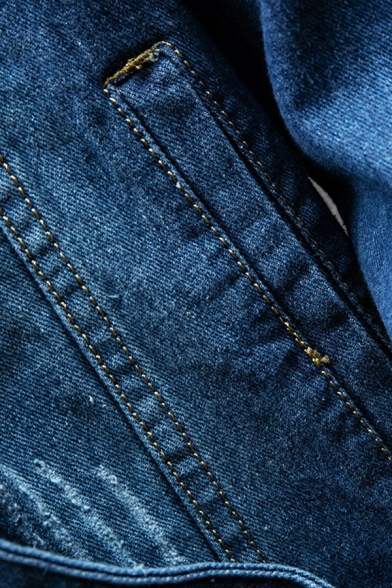Stylish Jacket Plain Long Sleeve Turn-down Collar Broken Hole Button-down Regular Denim Jacket for Men