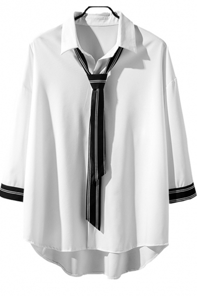 Stylish Shirt Patchwork Print Button Closure 3/4 Sleeve Turn-down Collar Loose Shirt for Men