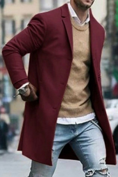 Trendy Mens Coat Plain Long Sleeve Notched Collar Single Breasted Relaxed Trench Coat