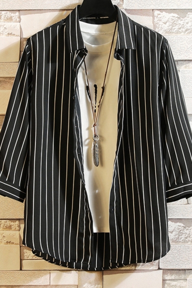 Trendy Mens Shirt Stripe Printed 3/4 Sleeve Spread Collar Button Up Regular Fit Shirt