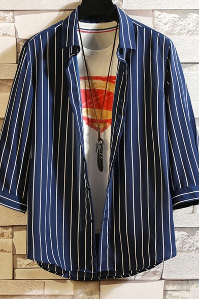 Trendy Mens Shirt Stripe Printed 3/4 Sleeve Spread Collar Button Up Regular Fit Shirt