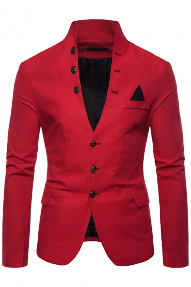 Trendy Suit Jacket Plain Pocket Detail Long Sleeves Stand Collar Single Breasted Slim-Fitted Suit for Men