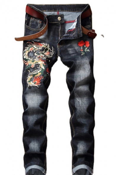Vintage Jeans Dragon Embroidery Stretch Denim Two-Pocket Styling Zip-Fly Slim Fit Jeans for Men