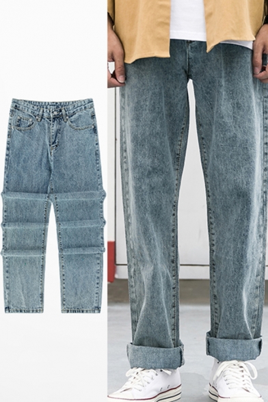 Vintage Jeans Solid Color Bleach Mid Rise Long Length Relaxed Fit Straight Jeans in Blue