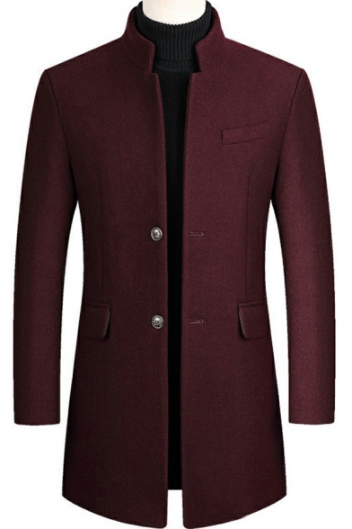 Vintage Men's Coat Plain Lapel Collar Pocket Detail Long Sleeve Single-Breasted Fitted Wool Coat
