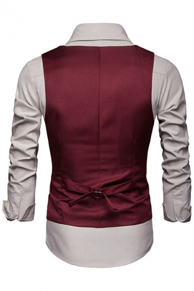 Casual Plain Mens Suit Vest Belt Back Sleeveless Single Breasted V-Neck Slim Cut Suit Vest