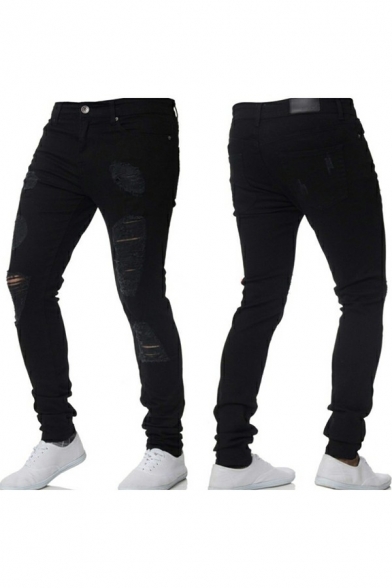 Classic Mens Jeans Dark Wash Ripped Zipper Fly Full Length Mid Waist Slim Fit Jeans