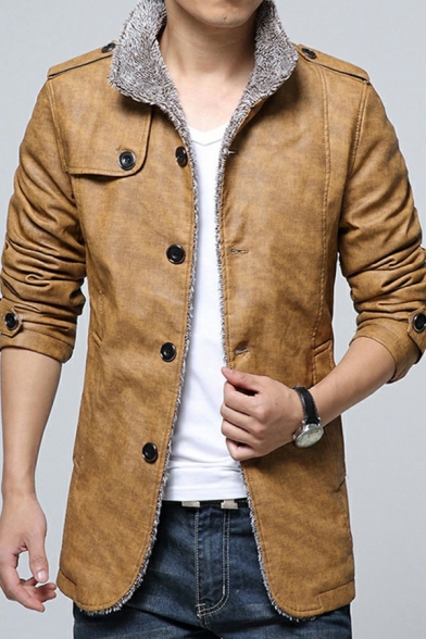 Cool Mens Jacket Plain Epaulette Stand Collar Long Sleeve Button-down Regular Fit PU Leather Jacket