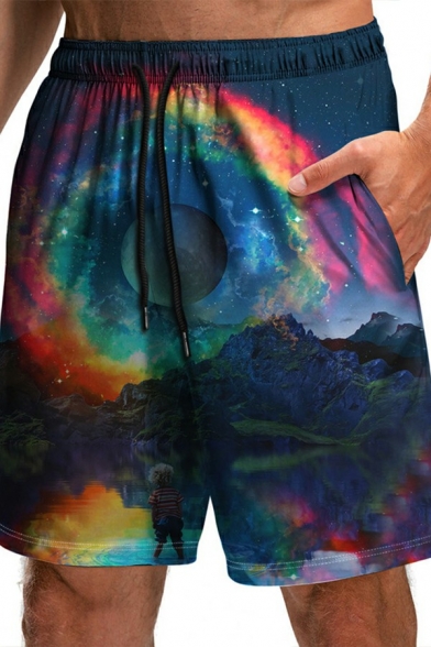 Creative Drawstring Shorts Galaxy Pattern Pocket Detail Mid Rise Loose Shorts for Men