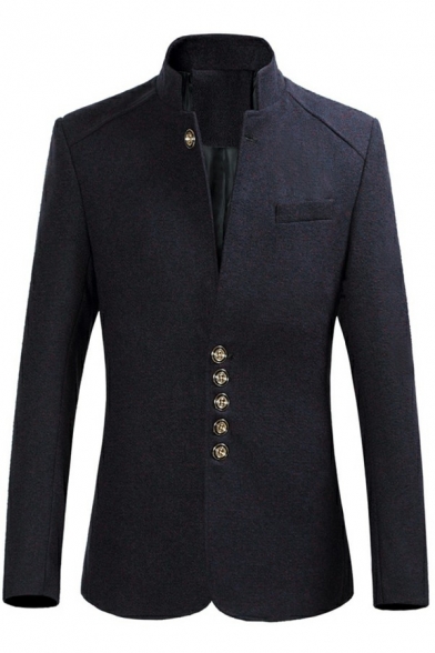 Elegant Blazer Solid Color Stand Collar Long Sleeve Single Breasted Fitted Blazer for Men