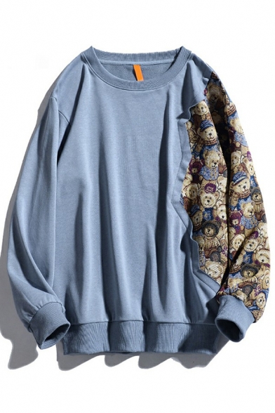 Fancy Mens Sweatshirt Cartoon Bear Print Long-Sleeved Round Neck Loose Patchwork Pullover Sweatshirt