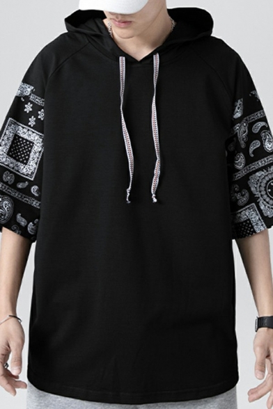 Fashionable Men's Hoodie Color Block Half Sleeve Loose Fitted Drawstring Hooded Sweatshirt