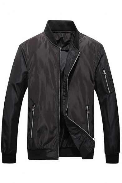 Fashionable Mens Bomber & Baseball Jackets Pure Color Zipper Long-Sleeved Stand Collar Regular Fit Jacket