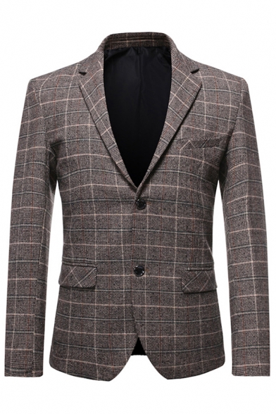 Formal Blazer Checked Printed Long Sleeve Notched Collar Single Breasted Regular Blazer for Men
