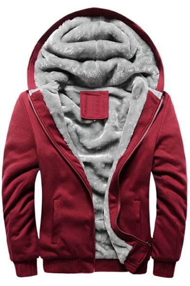 Leisure Hoodie Pure Color Sherpa Lined Zipper Fly Long Sleeve Loose Fitted Hoodie for Men