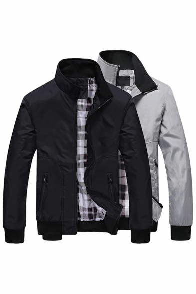 Leisure Jacket Pure Color Ribbed Trim Zip Closure Stand Collar Long Sleeve Fit Jacket for Men