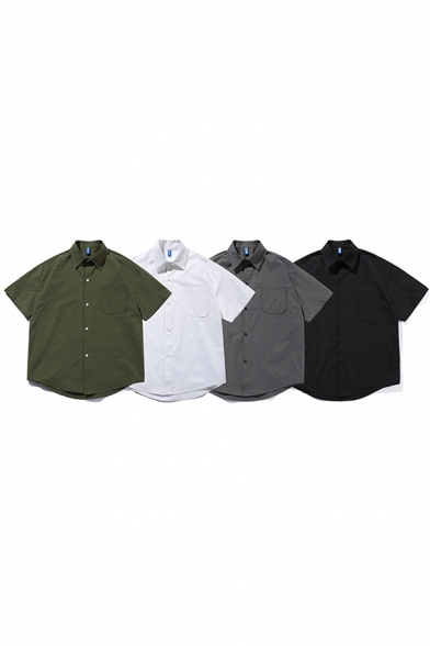 Leisure Mens Shirt Solid Color Chest Pocket Half Sleeve Turn-down Collar Button Up Loose Shirt