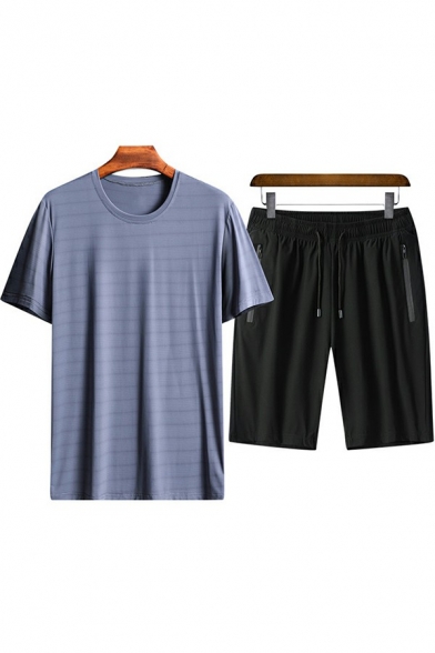 Leisure Set Stripe Print Short Sleeve Round Neck T-Shirts Drawstring Waist Shorts Two Piece Set for Men