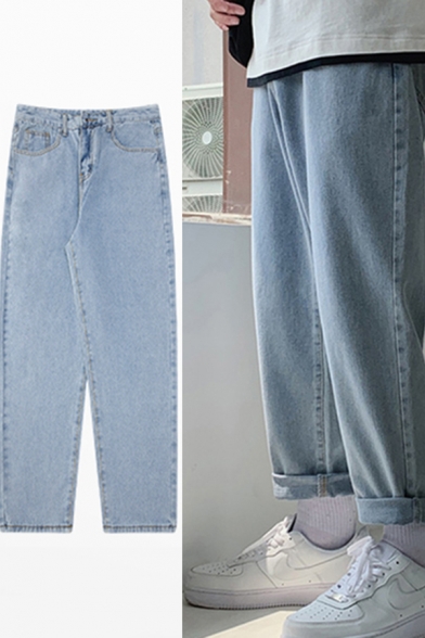 Light Blue Simple Jeans Mid Waist Long Length Zip Closure Straight Jeans for Men