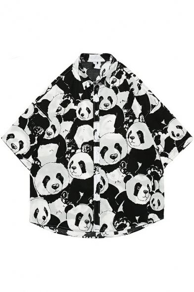 Men Casual Shirt Panda All Over Printed Short Sleeve Lapel Button Closure Loose Fit Shirt in Black-White
