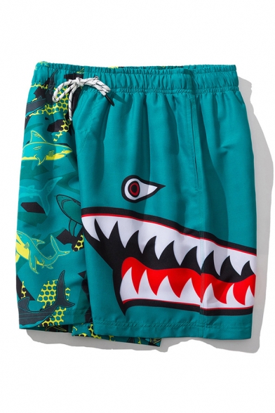 Men Fancy Shorts Shark Pattern Drawstring Waist Mid Rise over The Knee Length Loose Shorts in Aqua