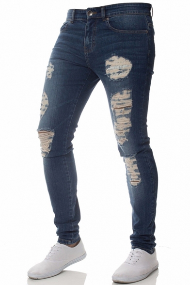Men Fashionable Jeans Pure Color Shredded Zip Closure Stretch Denim Two-Pocket Styling Slim Jeans