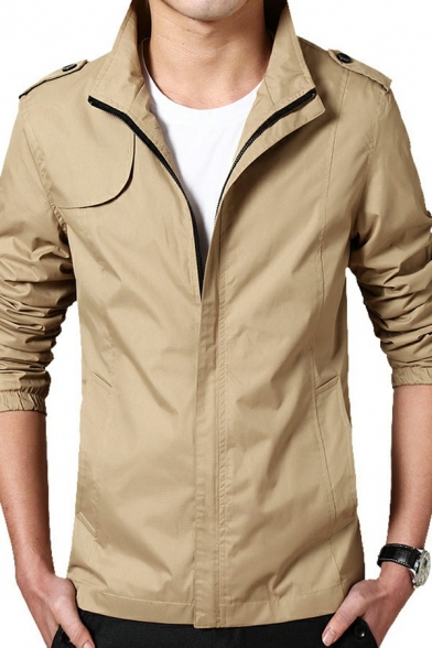 Men Modern Jacket Plain Button Decorated Long Sleeve Stand Collar Zip-Fly Loose Fitted Jacket