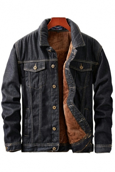 Men Trendy Jacket Pure Color Long Sleeve Button Closure Flap Pockets Lapel Slim Fit Denim Jacket in Black
