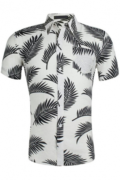 Men Trendy Shirt Tropical Print Turn-down Collar Button up Short Sleeve Slim Fitted Shirt
