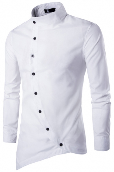 Mens Elegant Shirt Plain Long Sleeve Stand Collar Asymmetric Hem Oblique Button Fitted Shirt