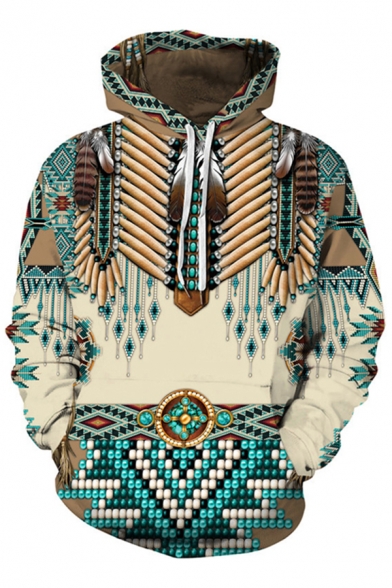 Mens Stylish Hoodie 3D Tribal Print Pocket Detail Long Sleeve Drawstring Loose Hooded