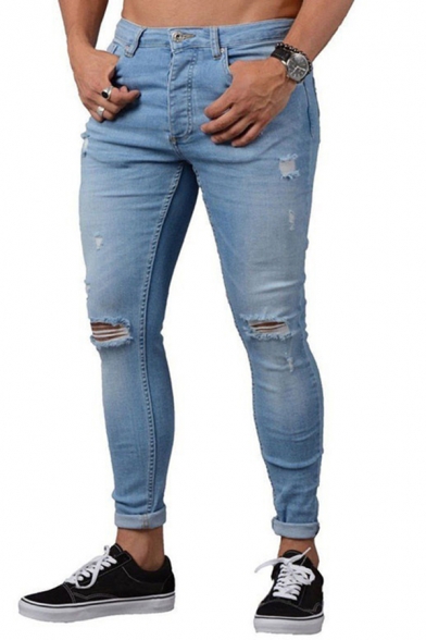 Modern Jeans Pure Color Shredded Zip Fly Two-Pocket Styling Stretch Denim Slim Fitted Jeans for Men